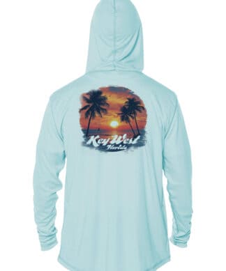 Sun protection hoodie with palm trees and sunset design, UPF 50+ for outdoor sun safety.