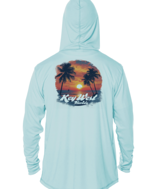 A blue hoodie with palm trees and a sunset, perfect for sun protection.