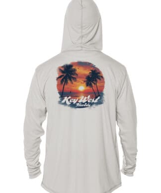 Sun protection hoodie with palm trees and sunset design, UPF 50+ in pearl grey. Perfect for beach da.
