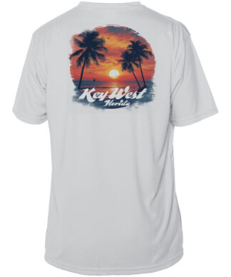 Sunset palm trees on a Key West shirt with UPF 50+ protection, perfect for sunny days.