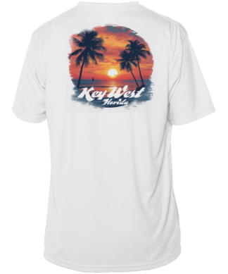 A white sun shirt with palm trees and a sunset.