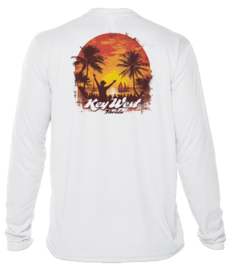 A white long sleeve t-shirt with an image of a sunset and palm trees, perfect as sun protective swim shirt.