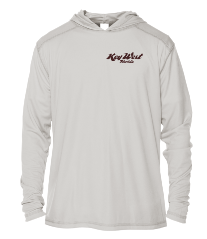 A gray hoodie with a red logo on it.