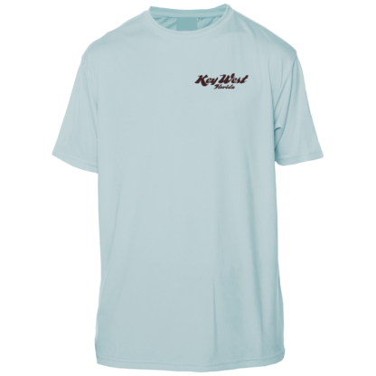 A light blue swim shirt with a brown logo on it.