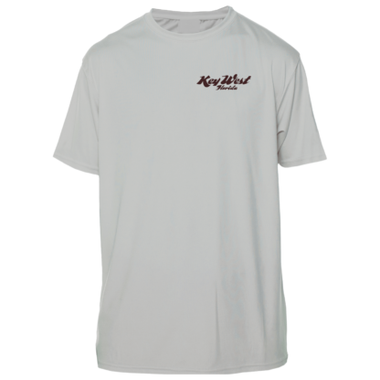 A white rash guard with a red logo on it.