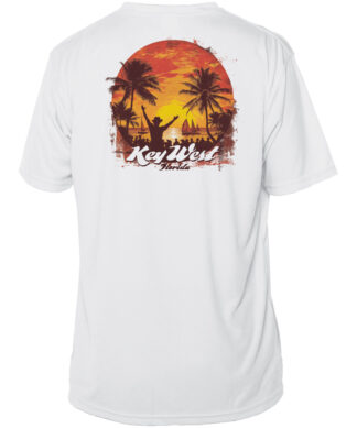 UPF 50+ Key West sun shirt with tropical sunset and palm trees design. Perfect for sun protection an.