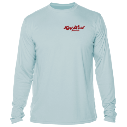 A light blue long-sleeve sun shirt with a red logo.