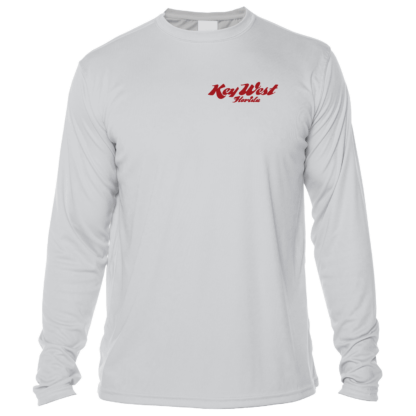 A grey long-sleeve swim shirt with red lettering.
