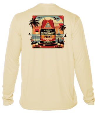 A men's long-sleeve UV shirt with an image of a beach and palm trees.