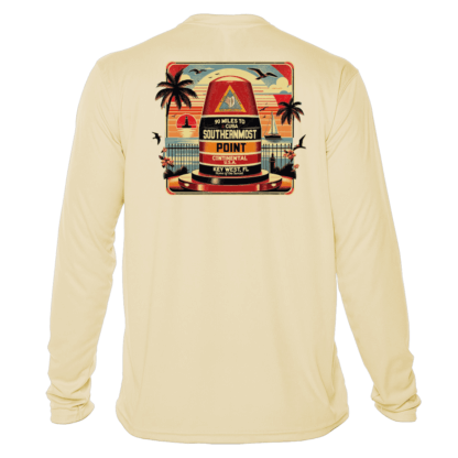 A men's long-sleeve UV shirt with an image of a beach and palm trees.