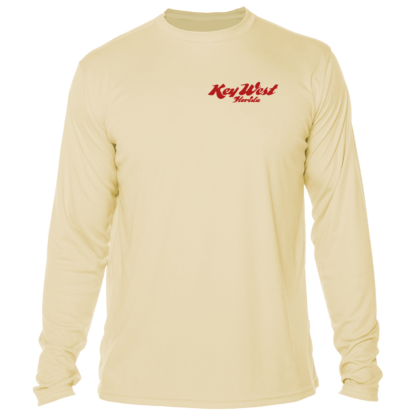 A beige long-sleeve t-shirt with a red logo, perfect as a sun shirt.