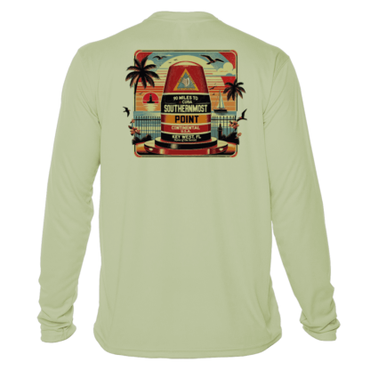 A men's long-sleeve rash guard with an image of a beach and palm trees.