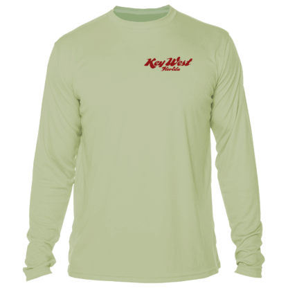 A green long-sleeved sun shirt with a red logo.