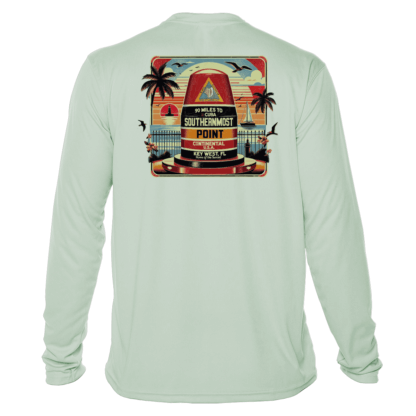 A men's long-sleeve sun protective t-shirt with an image of a beach and palm trees.