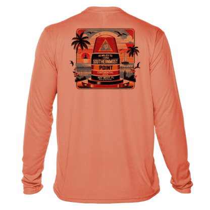 Enhance your sun protection with this men's orange long sleeve UV shirt featuring a captivating image of a beach and palm trees.