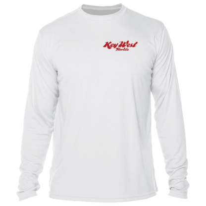 A white long-sleeve t-shirt with red lettering that doubles as sun protective clothing.