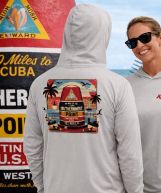 Sun Shirts with Southernmost Point design, UPF 50+ hoodie for sun protection in Key West. Perfect fo.