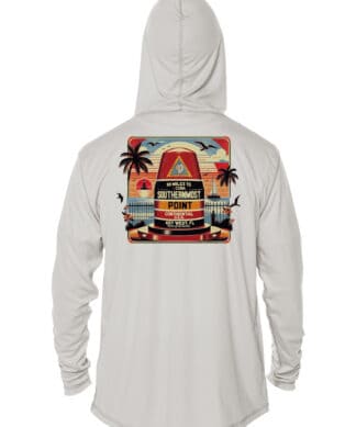 Southernmost Point Bouy UPF 50+ hoodie with tropical design and palm trees. Perfect for sun protecti.