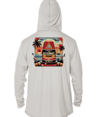 A white hoodie with an image of a beach and palm trees, offering sun protective clothing.