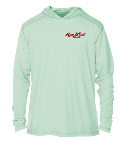 A men's green hoodie with a red logo on it.