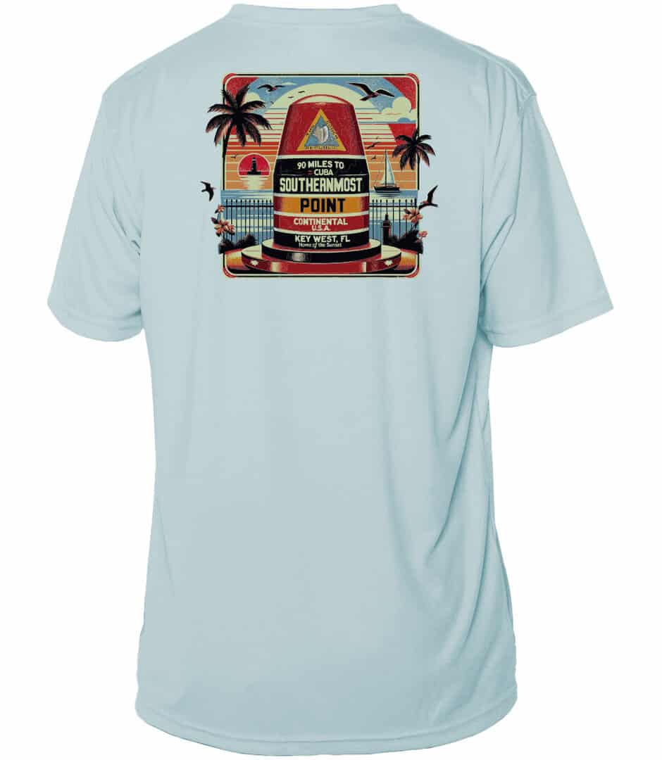 Short sleeve UPF 50+ sun shirt featuring Southernmost Point buoy design in Arctic Blue.