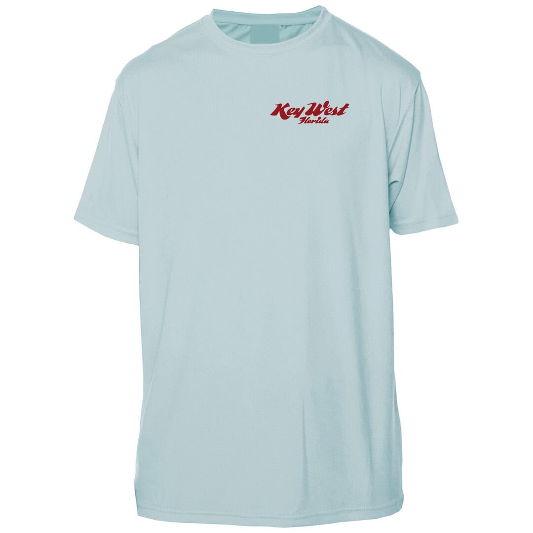 Light blue Key West Sun Shirts with red logo for casual beachwear.