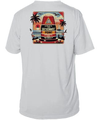 White T-shirt featuring Southernmost Point buoy graphic with palm trees and sunset.