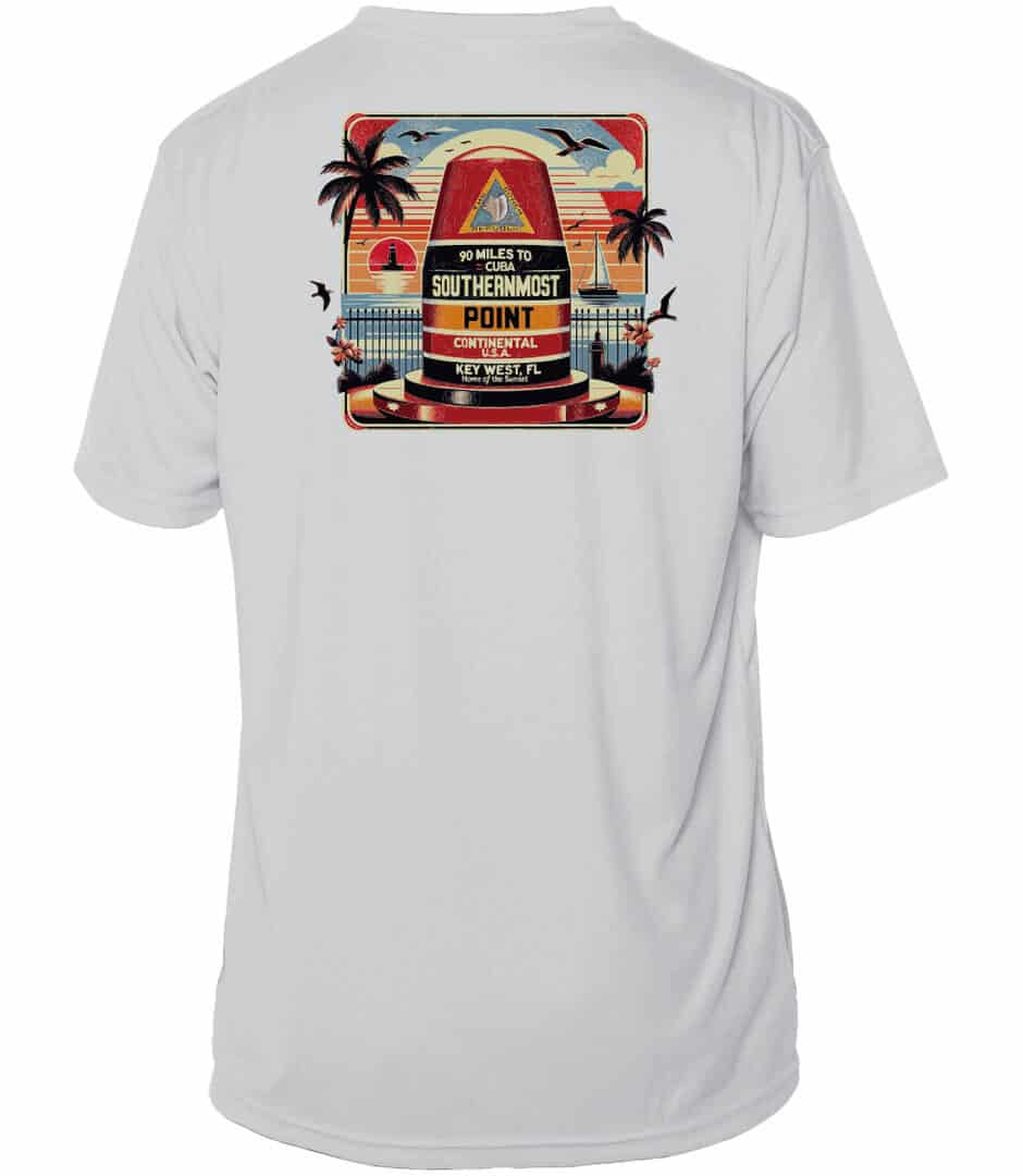 White T-shirt featuring Southernmost Point buoy graphic with palm trees and sunset.