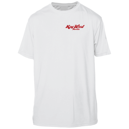 A sun protective swim shirt with a red logo on it.