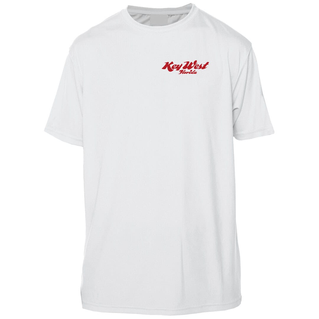 White Key West Sun Shirts T-shirt with red logo, casual summer wear.