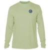 A men's green long sleeve t - shirt with a blue logo.
