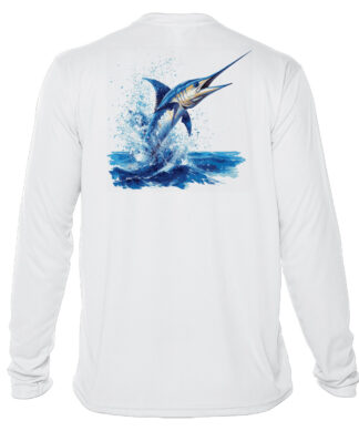 Blue Marlin fishing shirt with UPF 50+ sun protection, perfect for anglers and outdoor enthusiasts.