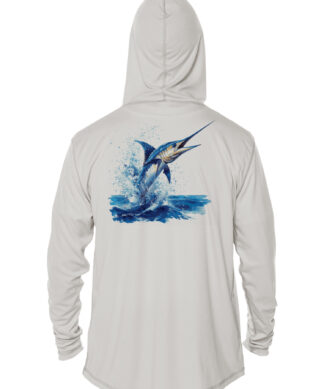 Blue Marlin UPF 50+ Hoodie for Anglers and Fishing Enthusiasts.