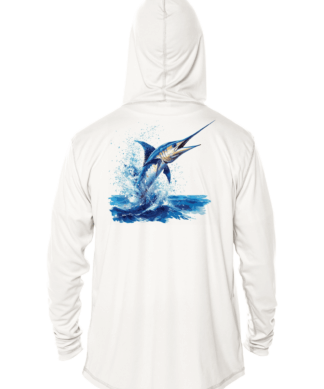 The men's marlin hoodie is a white sun shirt with an image of a marlin jumping out of the water.