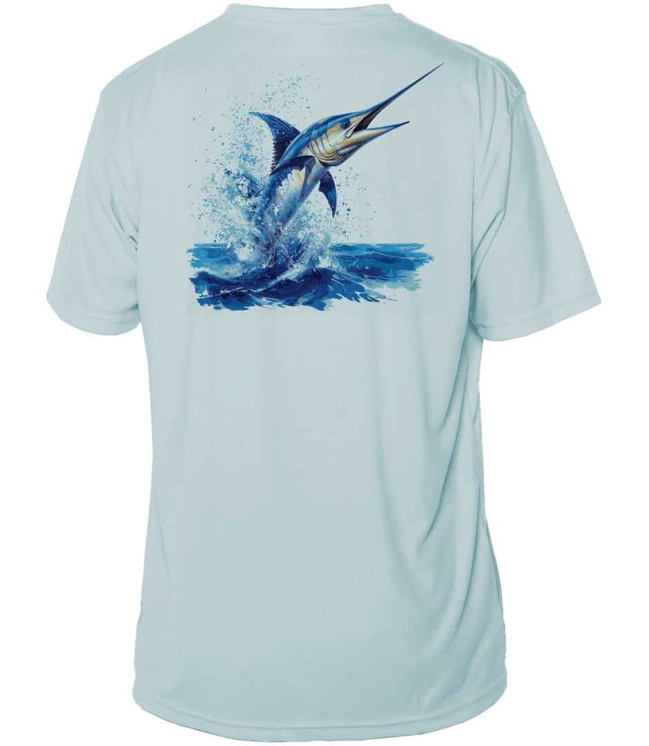 Blue Marlin fishing shirt with UPF 50+ sun protection, Arctic Blue color, perfect for anglers.