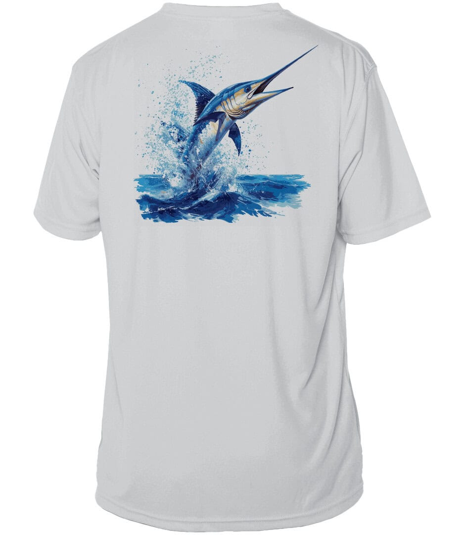 Blue Marlin fishing shirt with UPF 50+ sun protection, perfect for anglers.