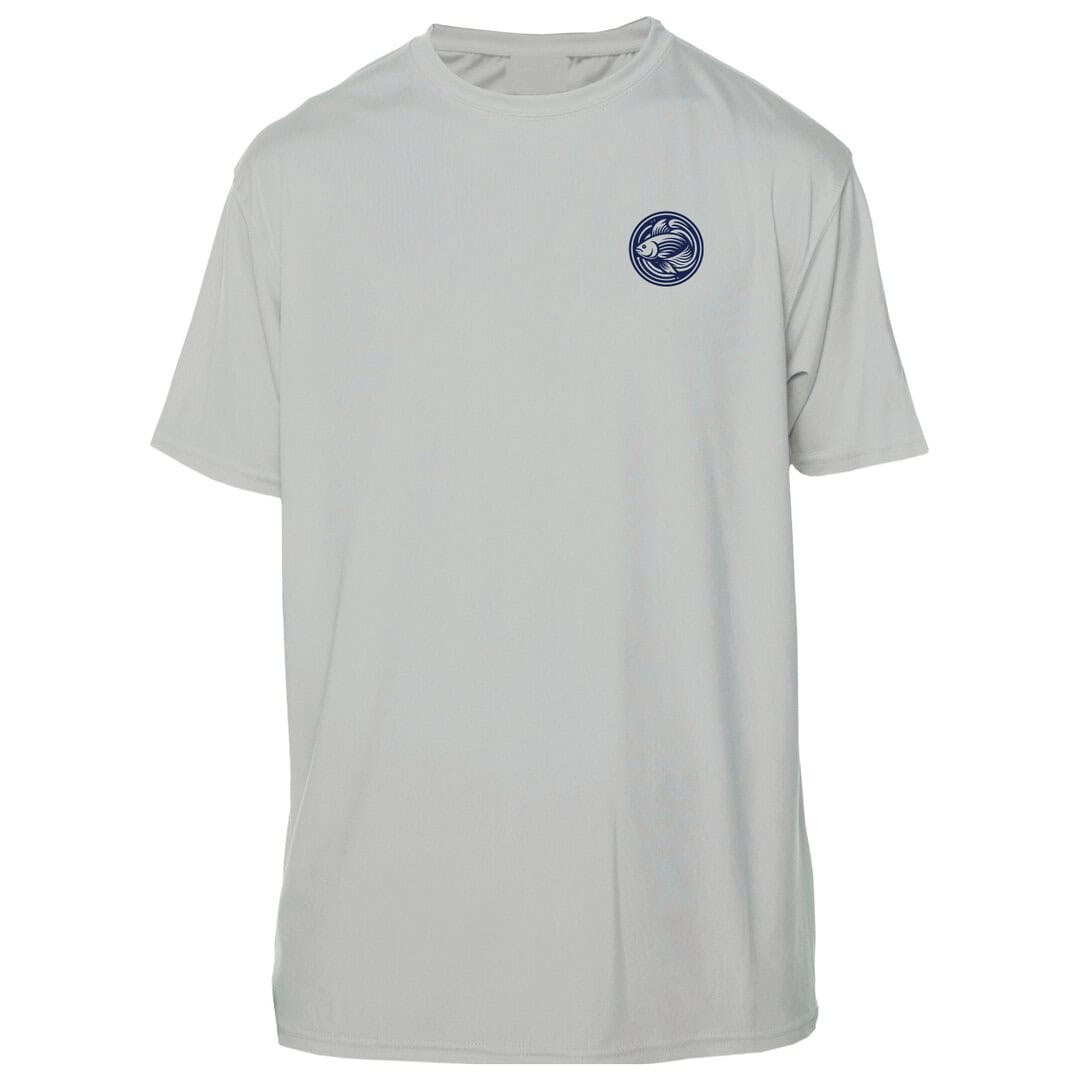 White Sun Shirt featuring blue ocean wave logo, perfect for beachwear and sun protection.