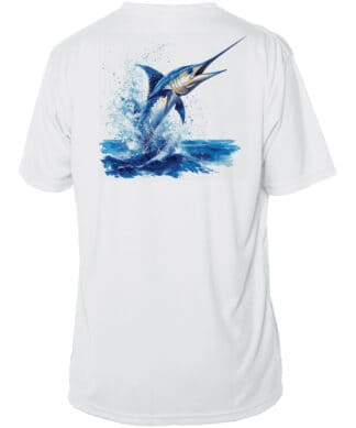 Blue Marlin fishing shirt with vibrant design, UPF 50+ sun protection, perfect for anglers.