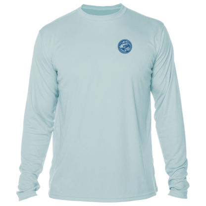 A men's light blue long sleeve t-shirt with a logo.