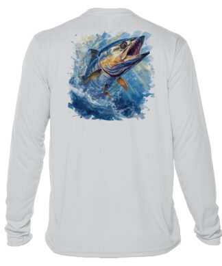 King Mackerel fishing shirt with UPF 50+ sun protection, perfect for anglers. Pearl Grey long sleeve.