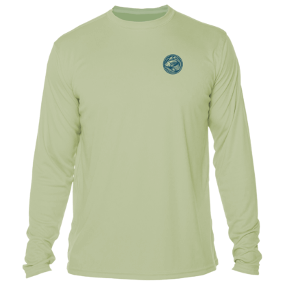 A men's green long sleeve UV shirt with a blue logo.