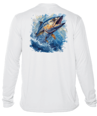 A white long-sleeve performance shirt featuring an image of a blue marlin.