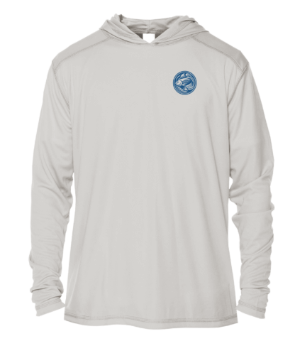 A white hoodie with a blue logo on it.