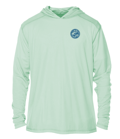 A men's green hoodie with a blue logo.