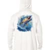 White fishing hoodie featuring a colorful king mackerel illustration, UPF 50+ sun protection, perfec.