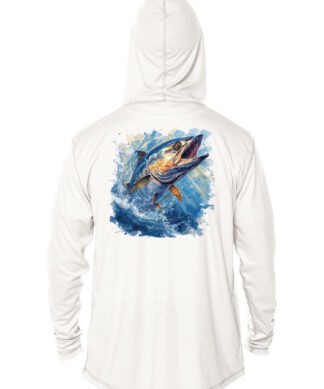 White fishing hoodie featuring a colorful king mackerel illustration, UPF 50+ sun protection, perfec.