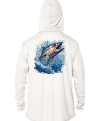 A white hoodie with an image of a fish jumping out of the water, perfect for sun protection.