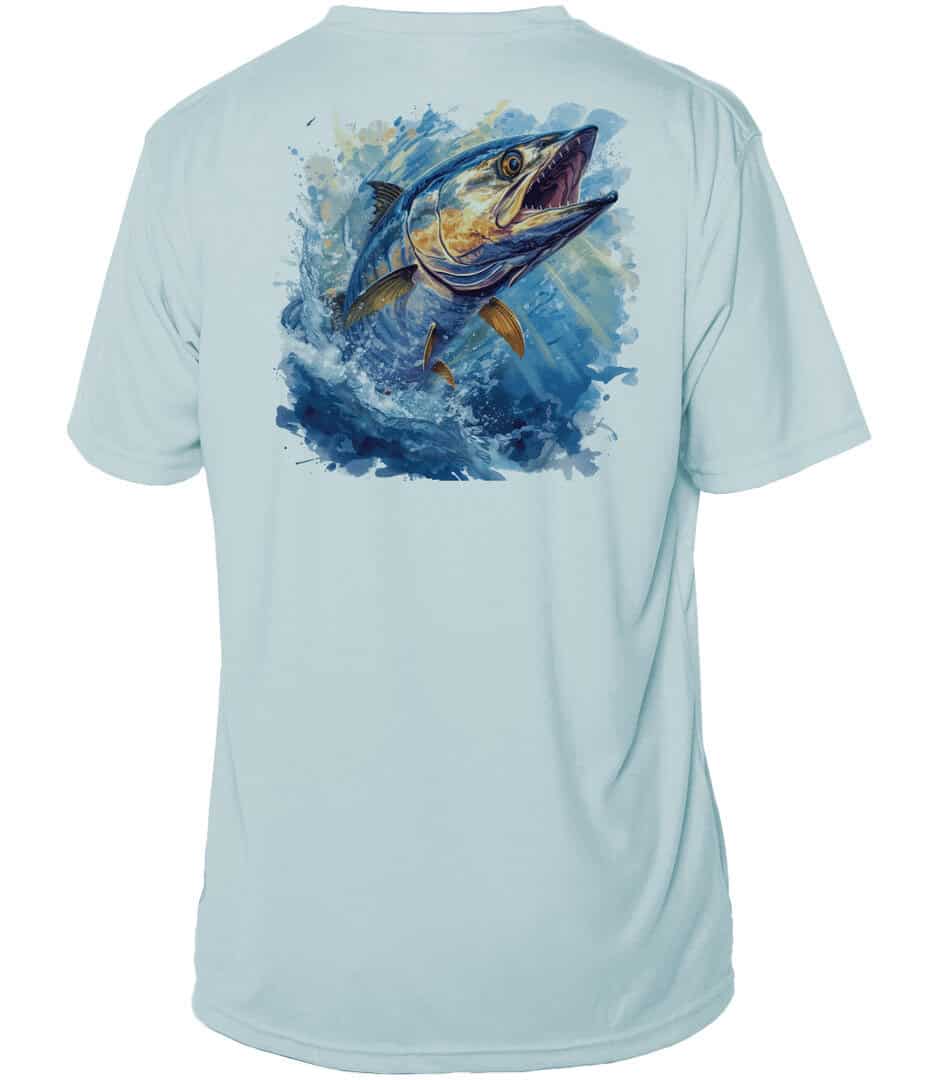 UPF 50+ King Mackerel fishing shirt with vibrant Arctic Blue design, perfect for anglers and sun pro.