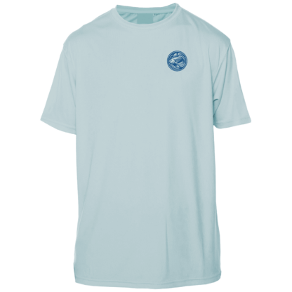 A light blue UV shirt with a blue circle on it.