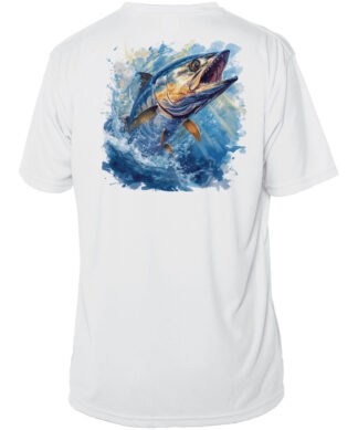 White fishing shirt with King Mackerel graphic, UPF 50+ sun protection.